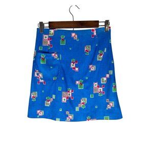 Vintage Retro Mini Skirt Blue 6 Floral Funky Mod Classic Chic 70s Preppy Active